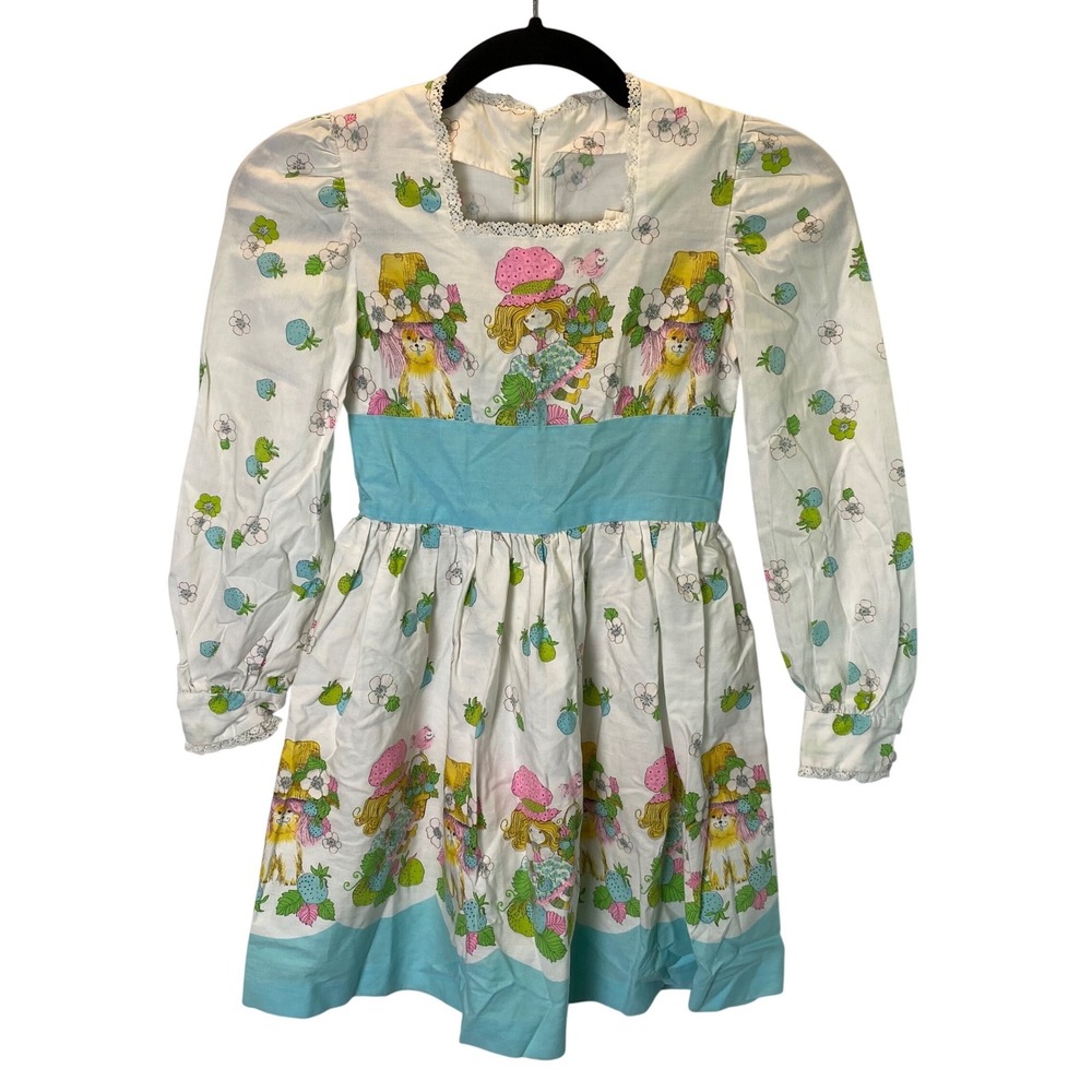 Vintage Strawberry Shortcake Handmade Dress Girls White Blue Lace Trim Retro 80s